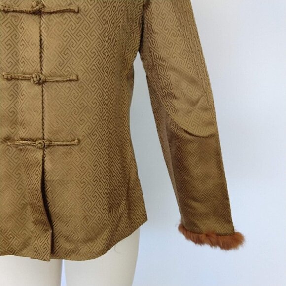 Vintage Asian Bronze Jacket Size S M Art To Wear Frog Clasp Fur Collar Kenki - Picture 4 of 10